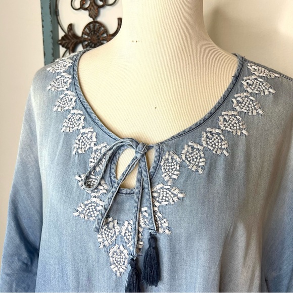 EST. 1945 Denim Embroidered Neckline Top, Tassel Tie Front - Picture 2 of 10